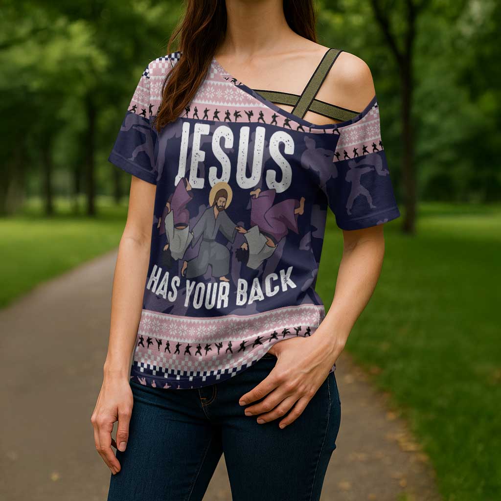 Jesus Has Your Back Jiu Jitsu Christmas Cross Shoulder Shirt Funny Xmas Holiday Patterns - Wonder Print Shop