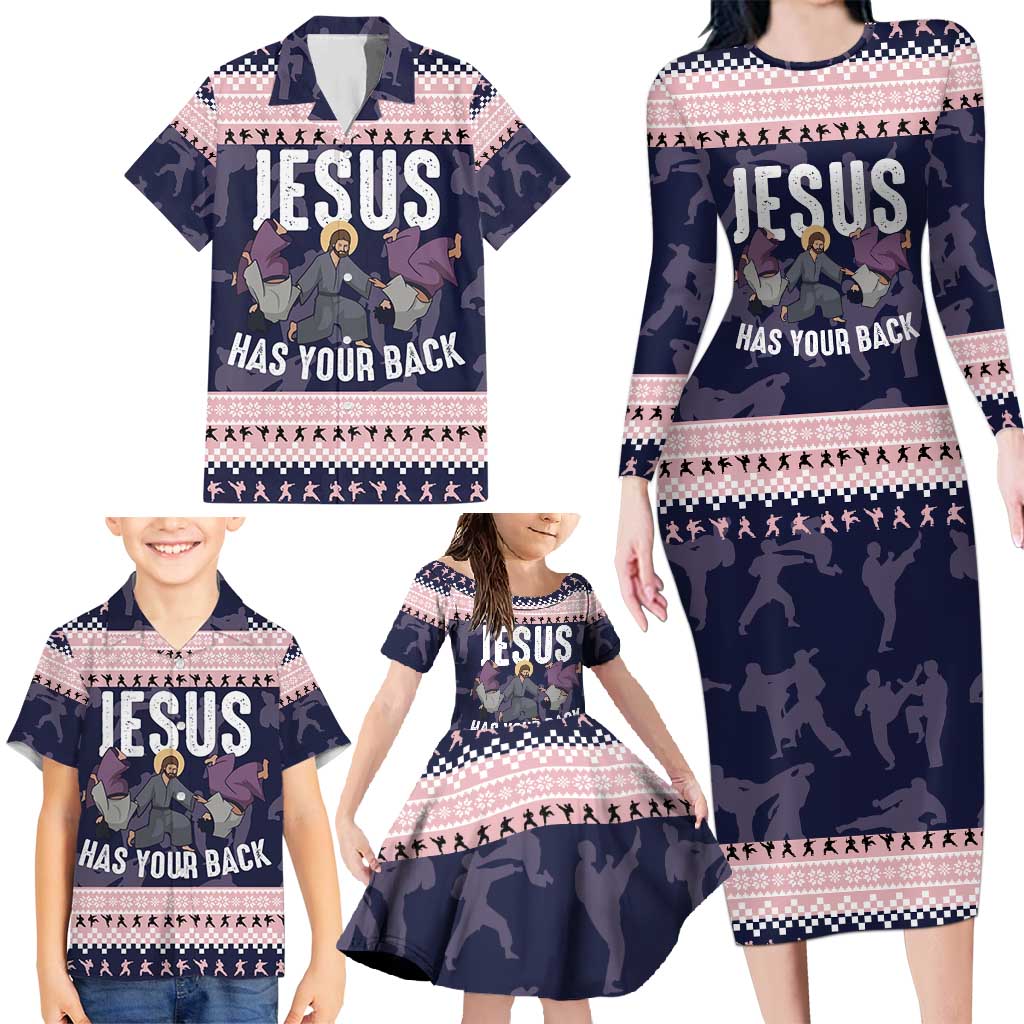 Jesus Has Your Back Jiu Jitsu Christmas Family Matching Long Sleeve Bodycon Dress and Hawaiian Shirt Funny Xmas Holiday Patterns - Wonder Print Shop