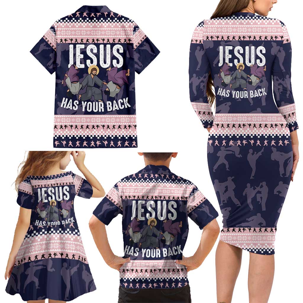 Jesus Has Your Back Jiu Jitsu Christmas Family Matching Long Sleeve Bodycon Dress and Hawaiian Shirt Funny Xmas Holiday Patterns - Wonder Print Shop