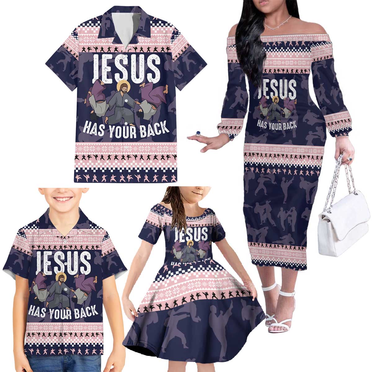 Jesus Has Your Back Jiu Jitsu Christmas Family Matching Off The Shoulder Long Sleeve Dress and Hawaiian Shirt Funny Xmas Holiday Patterns - Wonder Print Shop