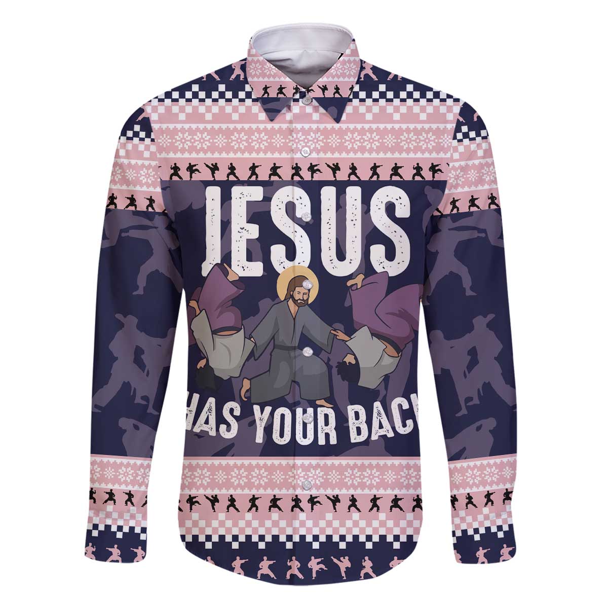 Jesus Has Your Back Jiu Jitsu Christmas Family Matching Off The Shoulder Long Sleeve Dress and Hawaiian Shirt Funny Xmas Holiday Patterns - Wonder Print Shop