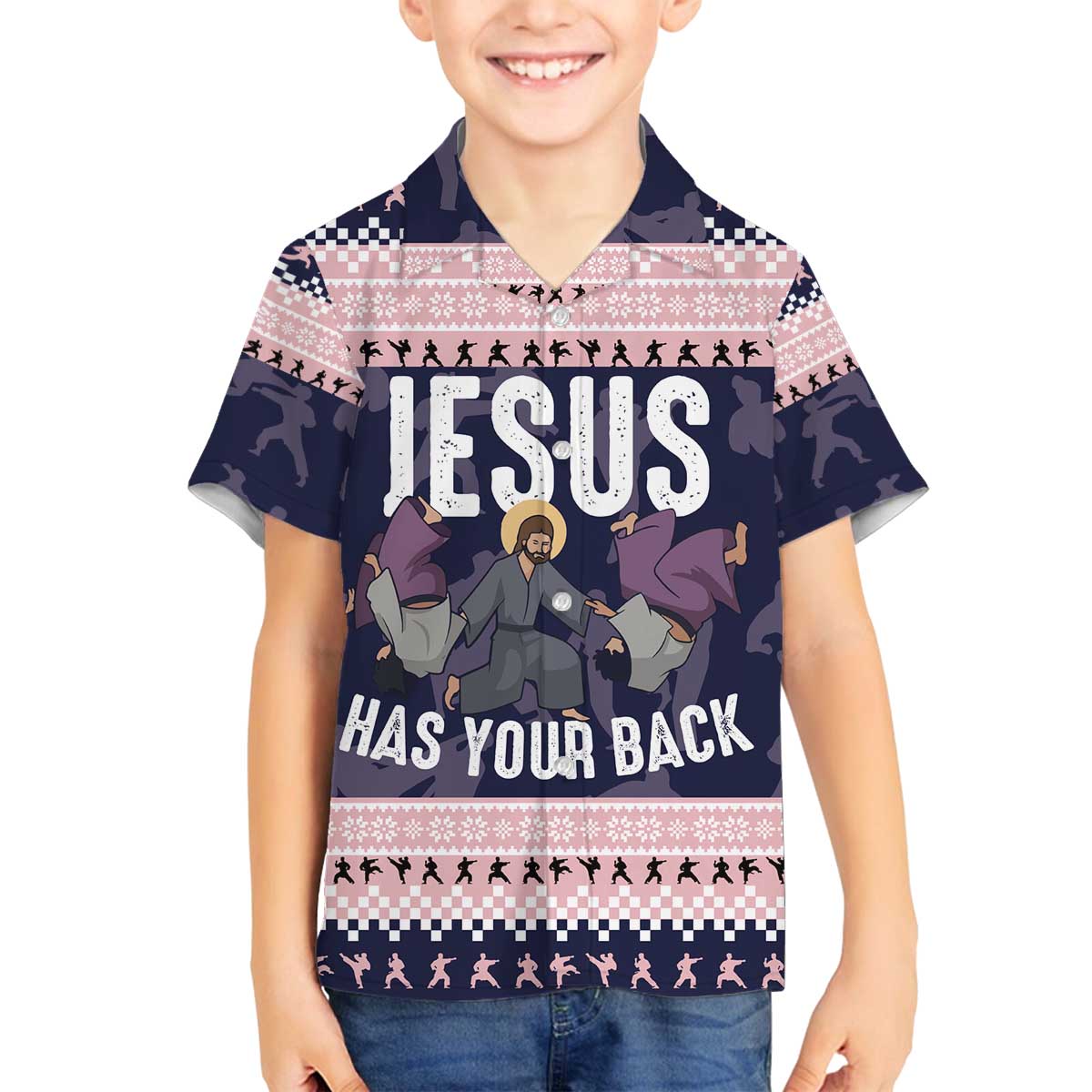 Jesus Has Your Back Jiu Jitsu Christmas Family Matching Off The Shoulder Long Sleeve Dress and Hawaiian Shirt Funny Xmas Holiday Patterns - Wonder Print Shop