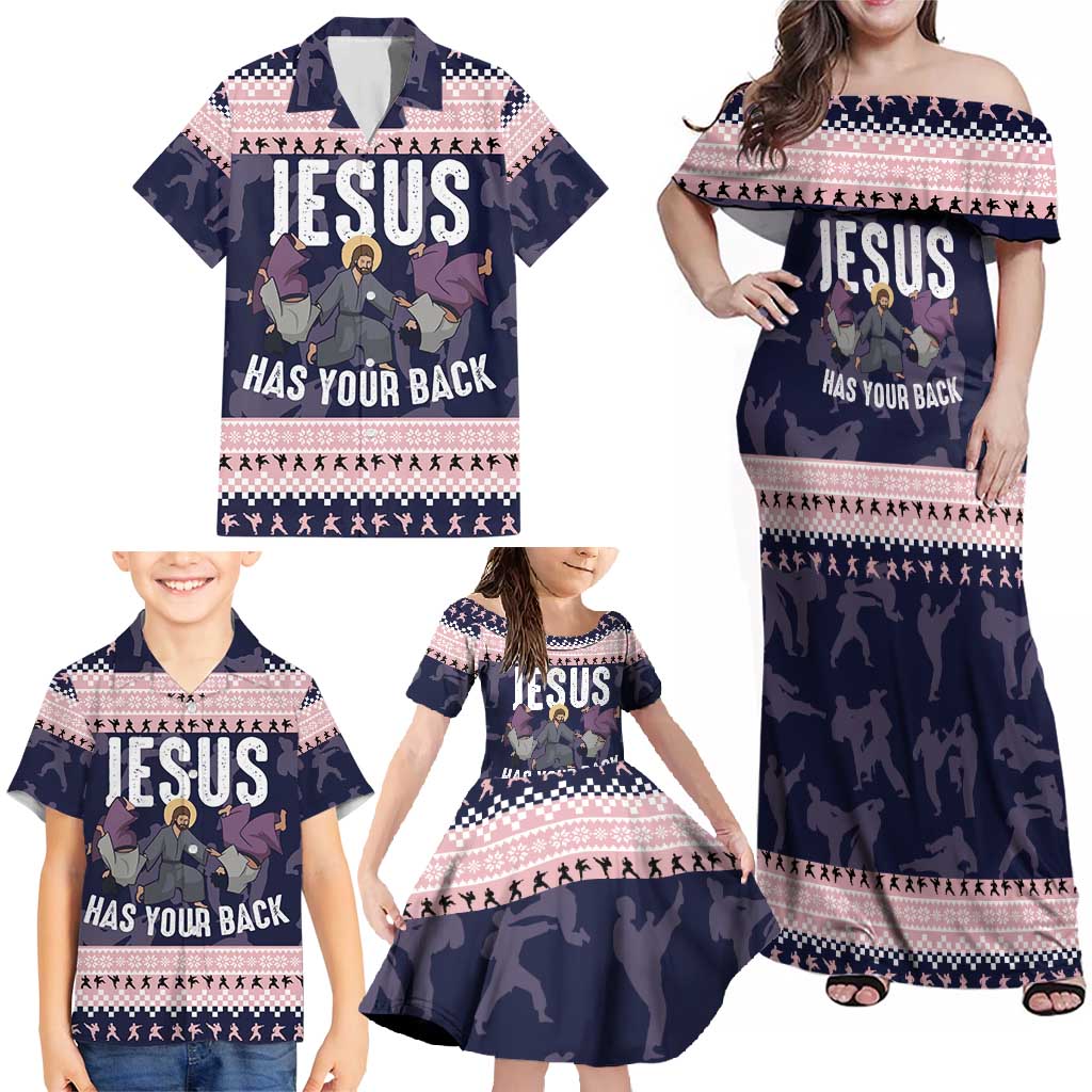 Jesus Has Your Back Jiu Jitsu Christmas Family Matching Off Shoulder Maxi Dress and Hawaiian Shirt Funny Xmas Holiday Patterns - Wonder Print Shop