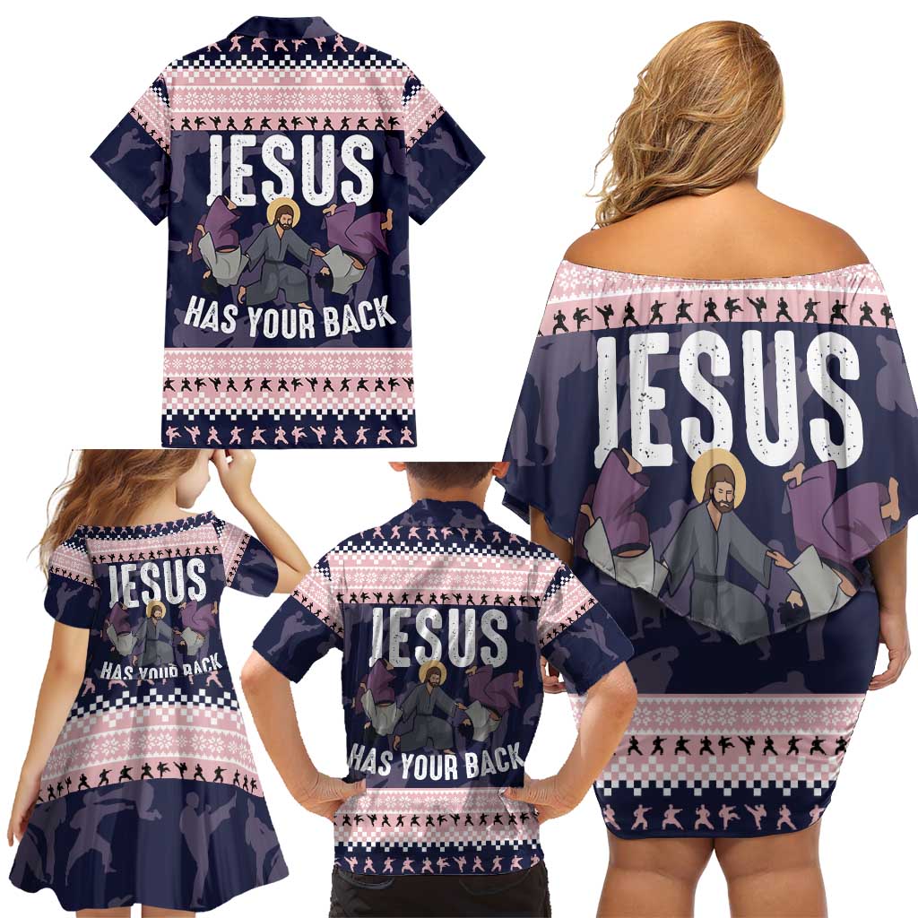 Jesus Has Your Back Jiu Jitsu Christmas Family Matching Off Shoulder Short Dress and Hawaiian Shirt Funny Xmas Holiday Patterns - Wonder Print Shop
