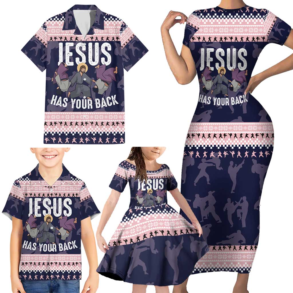 Jesus Has Your Back Jiu Jitsu Christmas Family Matching Short Sleeve Bodycon Dress and Hawaiian Shirt Funny Xmas Holiday Patterns - Wonder Print Shop