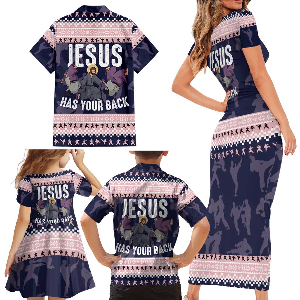 Jesus Has Your Back Jiu Jitsu Christmas Family Matching Short Sleeve Bodycon Dress and Hawaiian Shirt Funny Xmas Holiday Patterns - Wonder Print Shop
