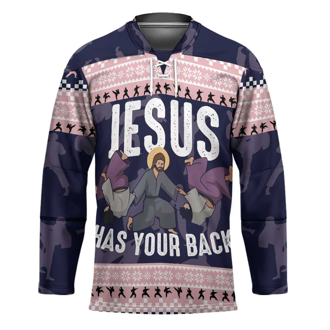 Jesus Has Your Back Jiu Jitsu Christmas Hockey Jersey Funny Xmas Holiday Patterns - Wonder Print Shop