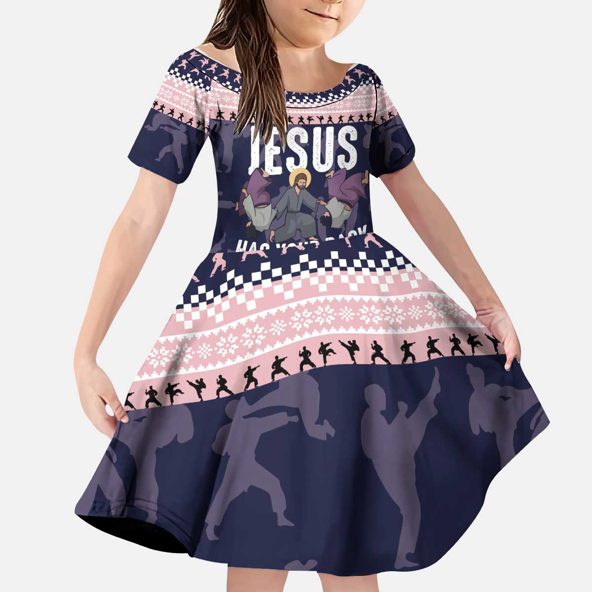Jesus Has Your Back Jiu Jitsu Christmas Kid Short Sleeve Dress Funny Xmas Holiday Patterns - Wonder Print Shop
