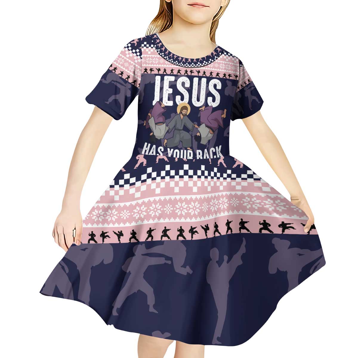 Jesus Has Your Back Jiu Jitsu Christmas Kid Short Sleeve Dress Funny Xmas Holiday Patterns - Wonder Print Shop