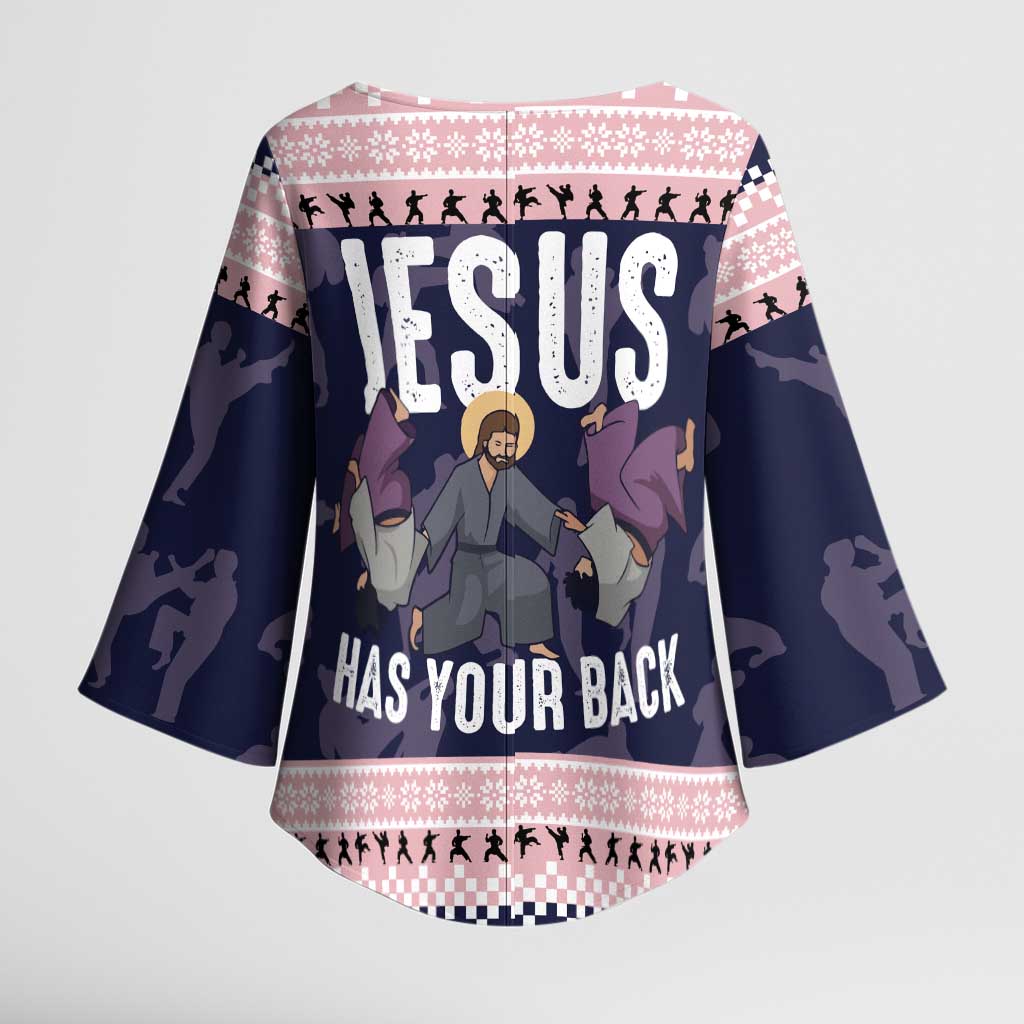 Jesus Has Your Back Jiu Jitsu Christmas Kimono Sleeve Blouse Funny Xmas Holiday Patterns - Wonder Print Shop