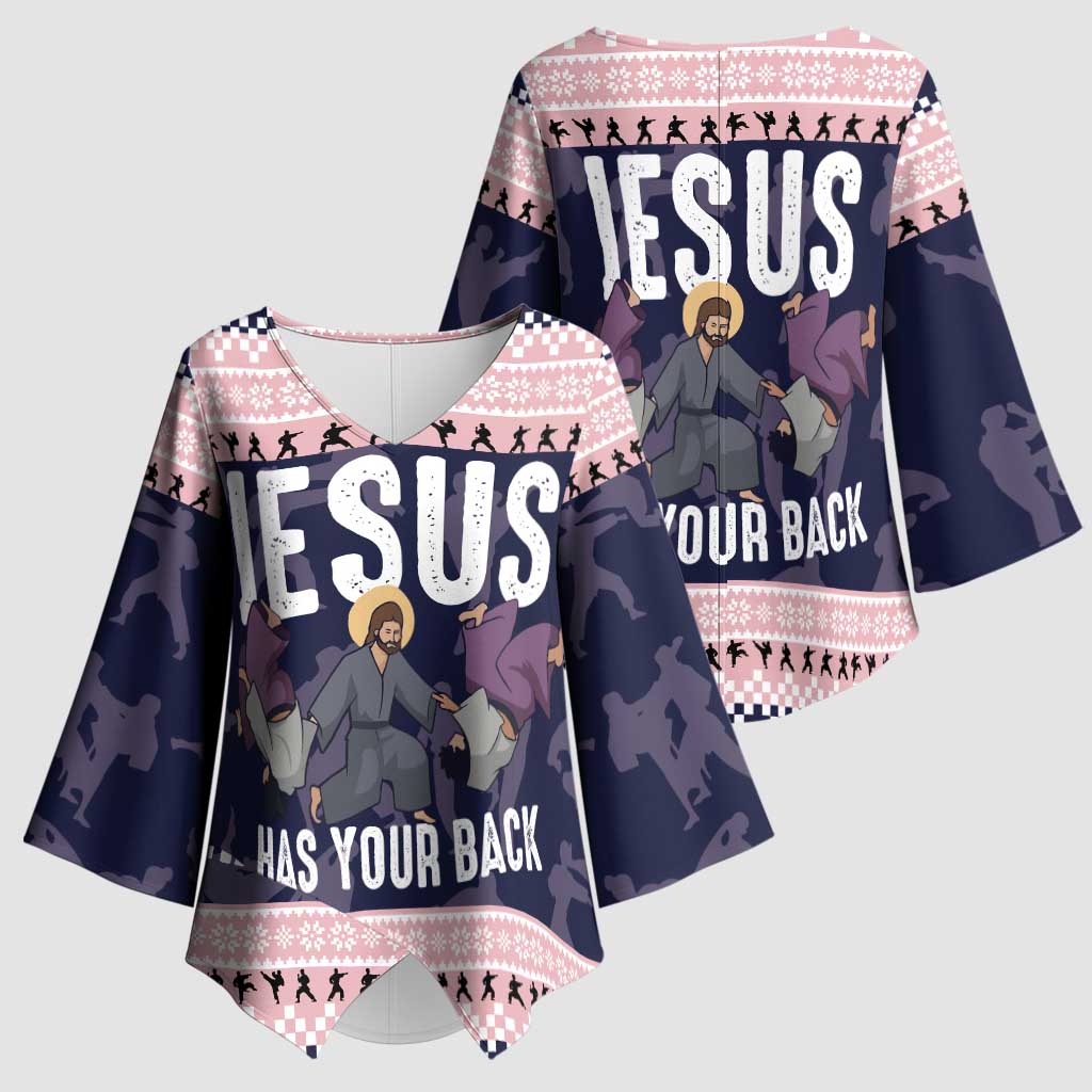 Jesus Has Your Back Jiu Jitsu Christmas Kimono Sleeve Blouse Funny Xmas Holiday Patterns - Wonder Print Shop