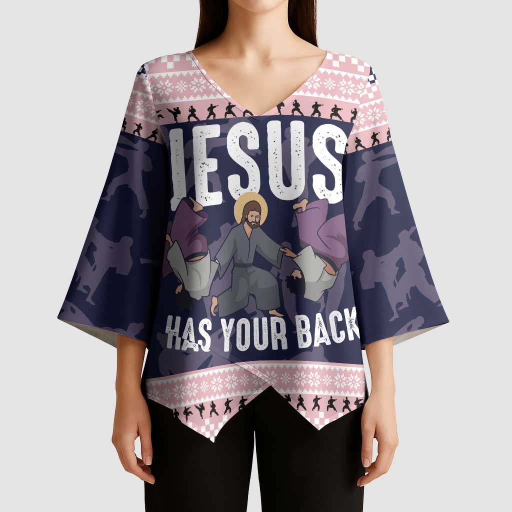 Jesus Has Your Back Jiu Jitsu Christmas Kimono Sleeve Blouse Funny Xmas Holiday Patterns - Wonder Print Shop