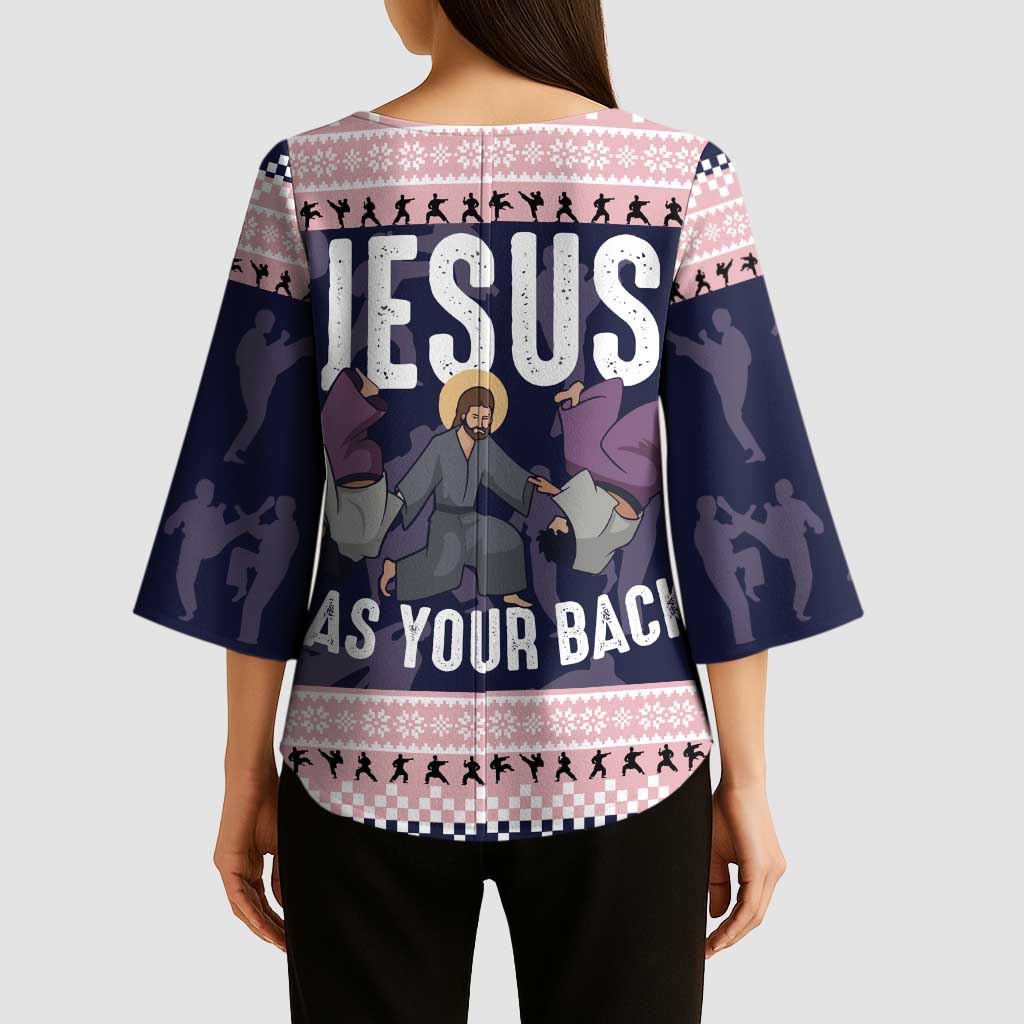 Jesus Has Your Back Jiu Jitsu Christmas Kimono Sleeve Blouse Funny Xmas Holiday Patterns - Wonder Print Shop
