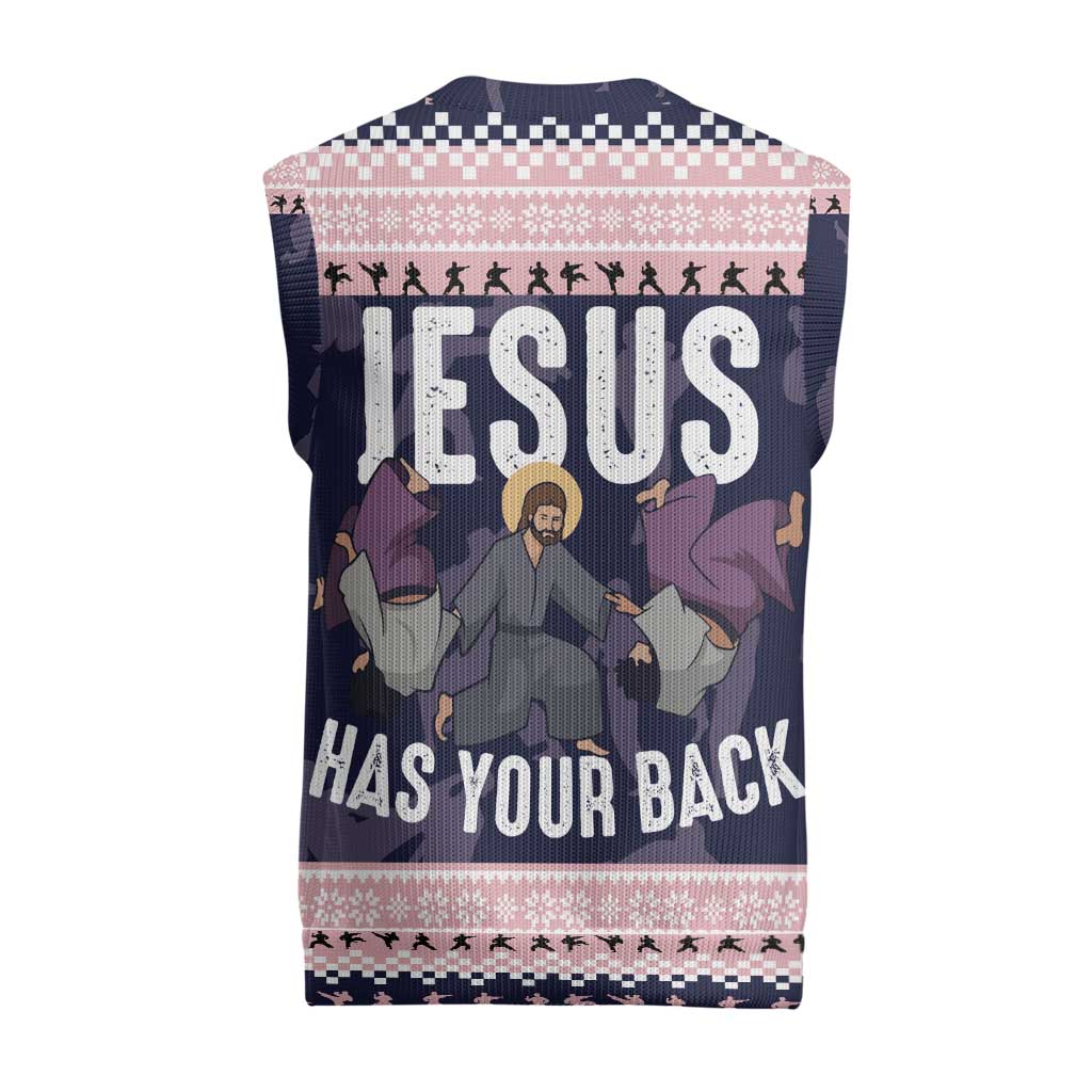 Jesus Has Your Back Jiu Jitsu Christmas Knitted V-Neck Vest Funny Xmas Holiday Patterns - Wonder Print Shop