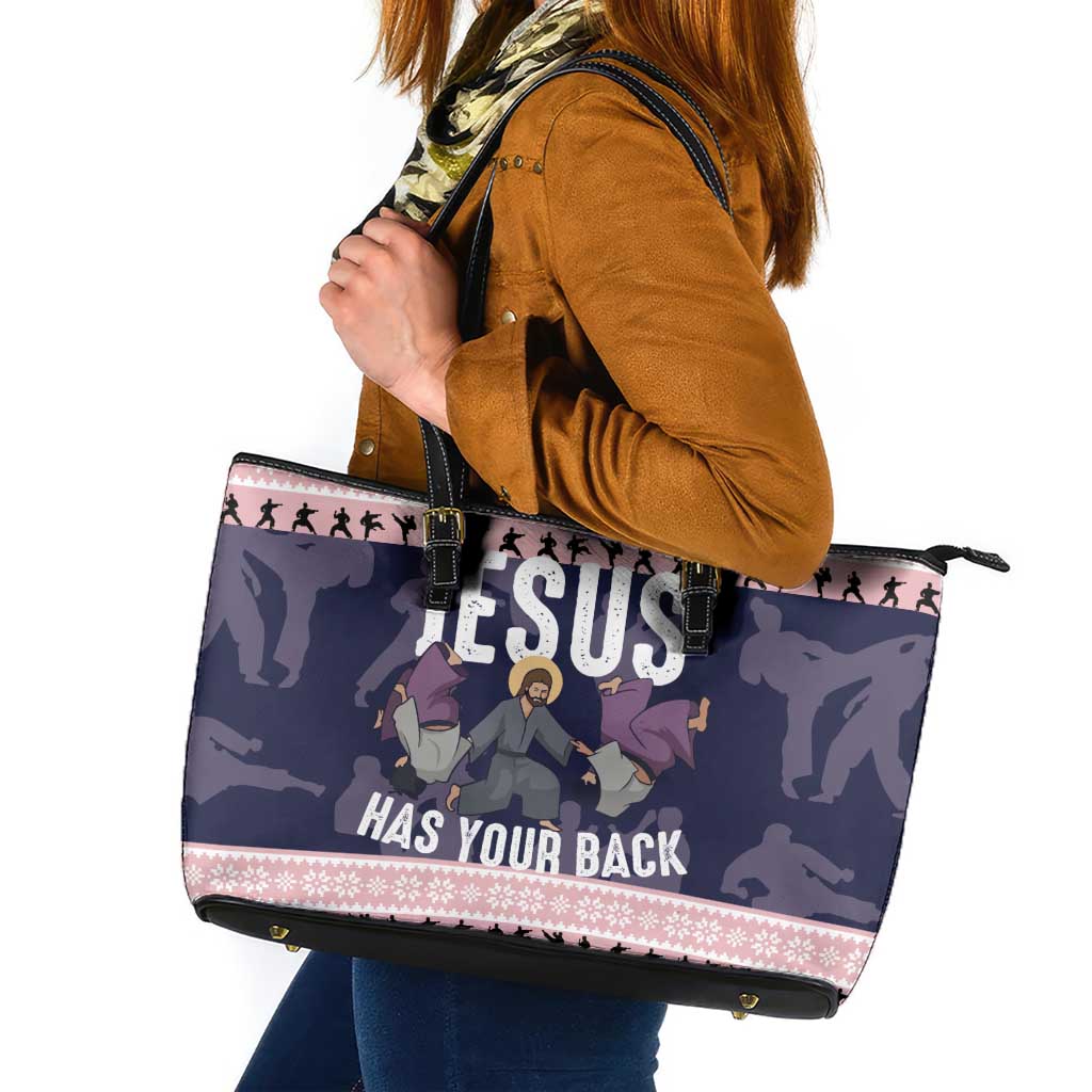 Jesus Has Your Back Jiu Jitsu Christmas Leather Tote Bag Funny Xmas Holiday Patterns - Wonder Print Shop