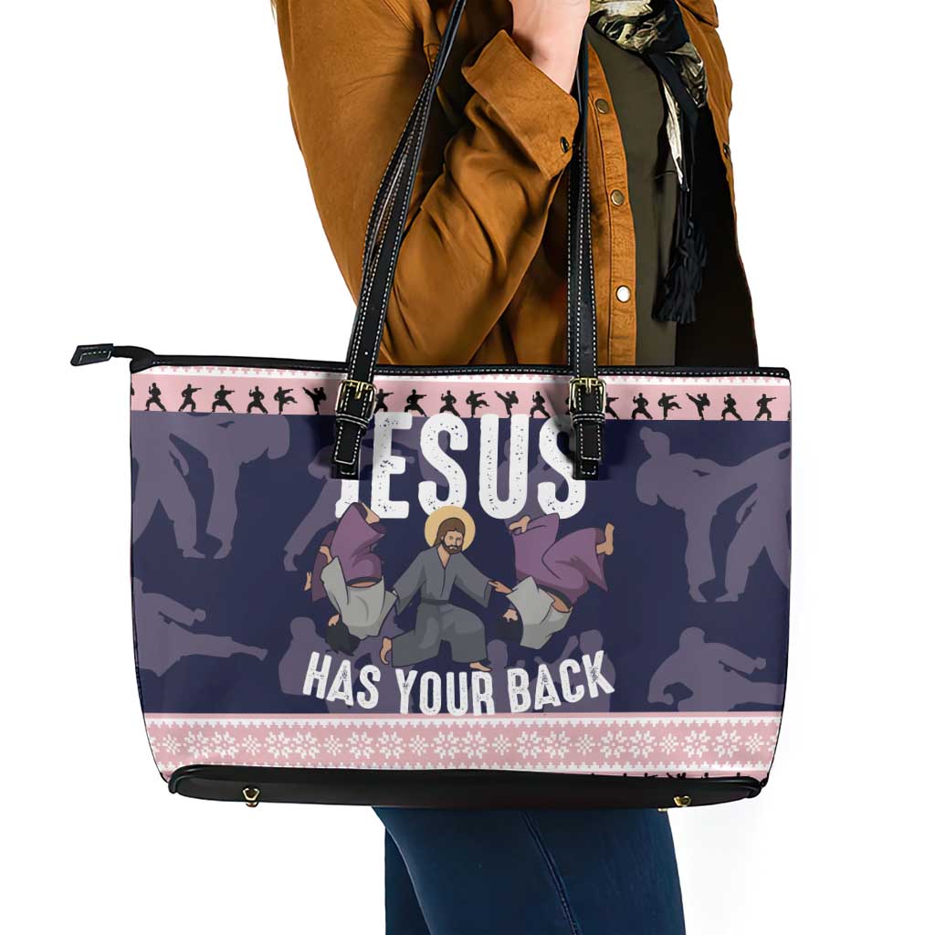 Jesus Has Your Back Jiu Jitsu Christmas Leather Tote Bag Funny Xmas Holiday Patterns - Wonder Print Shop