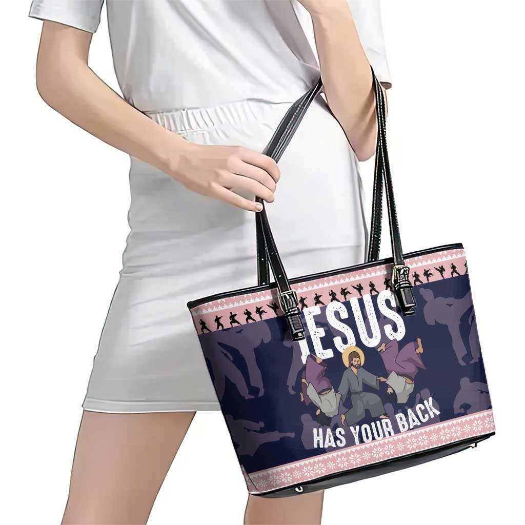 Jesus Has Your Back Jiu Jitsu Christmas Leather Tote Bag Funny Xmas Holiday Patterns - Wonder Print Shop