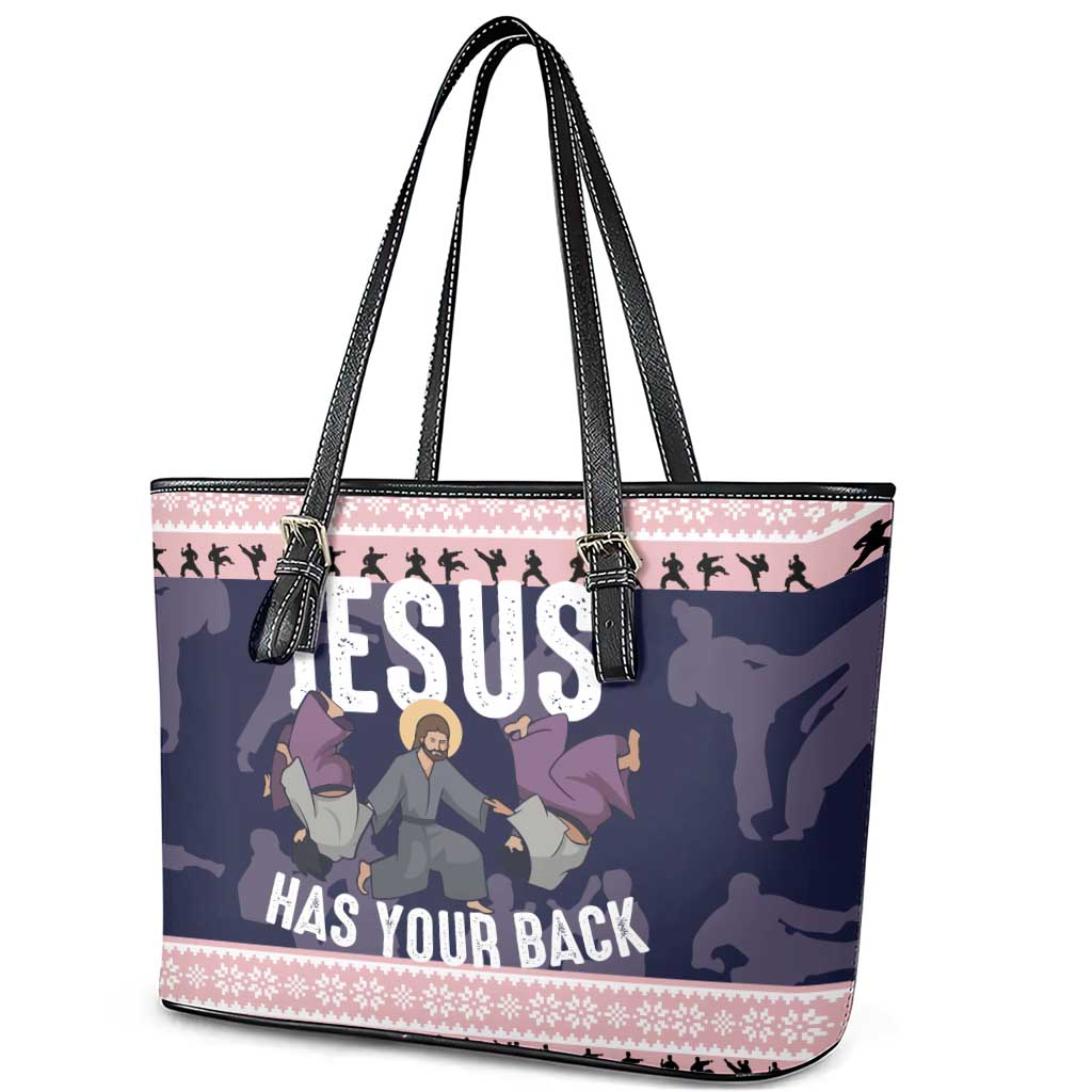 Jesus Has Your Back Jiu Jitsu Christmas Leather Tote Bag Funny Xmas Holiday Patterns - Wonder Print Shop