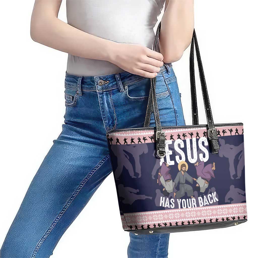 Jesus Has Your Back Jiu Jitsu Christmas Leather Tote Bag Funny Xmas Holiday Patterns - Wonder Print Shop