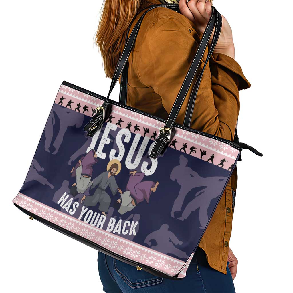 Jesus Has Your Back Jiu Jitsu Christmas Leather Tote Bag Funny Xmas Holiday Patterns - Wonder Print Shop