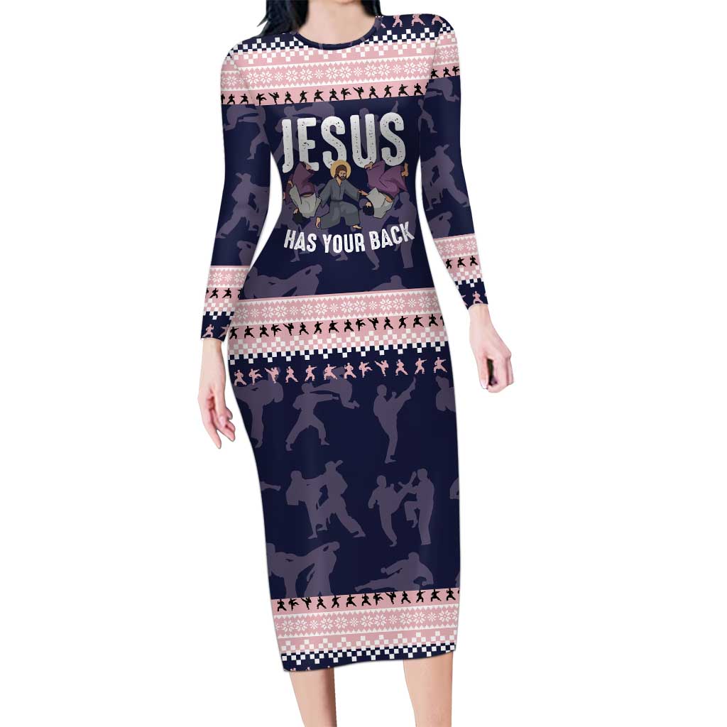 Jesus Has Your Back Jiu Jitsu Christmas Long Sleeve Bodycon Dress Funny Xmas Holiday Patterns - Wonder Print Shop