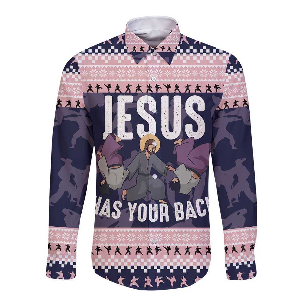 Jesus Has Your Back Jiu Jitsu Christmas Long Sleeve Button Shirt Funny Xmas Holiday Patterns - Wonder Print Shop