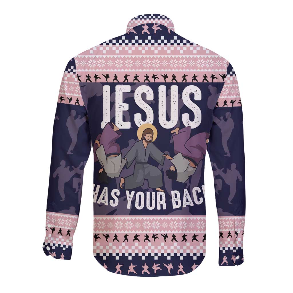 Jesus Has Your Back Jiu Jitsu Christmas Long Sleeve Button Shirt Funny Xmas Holiday Patterns - Wonder Print Shop
