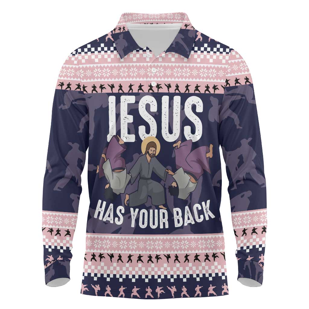 Jesus Has Your Back Jiu Jitsu Christmas Long Sleeve Polo Shirt Funny Xmas Holiday Patterns - Wonder Print Shop