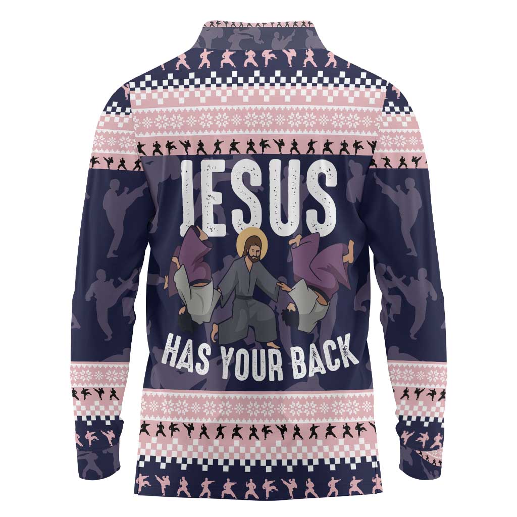 Jesus Has Your Back Jiu Jitsu Christmas Long Sleeve Polo Shirt Funny Xmas Holiday Patterns - Wonder Print Shop