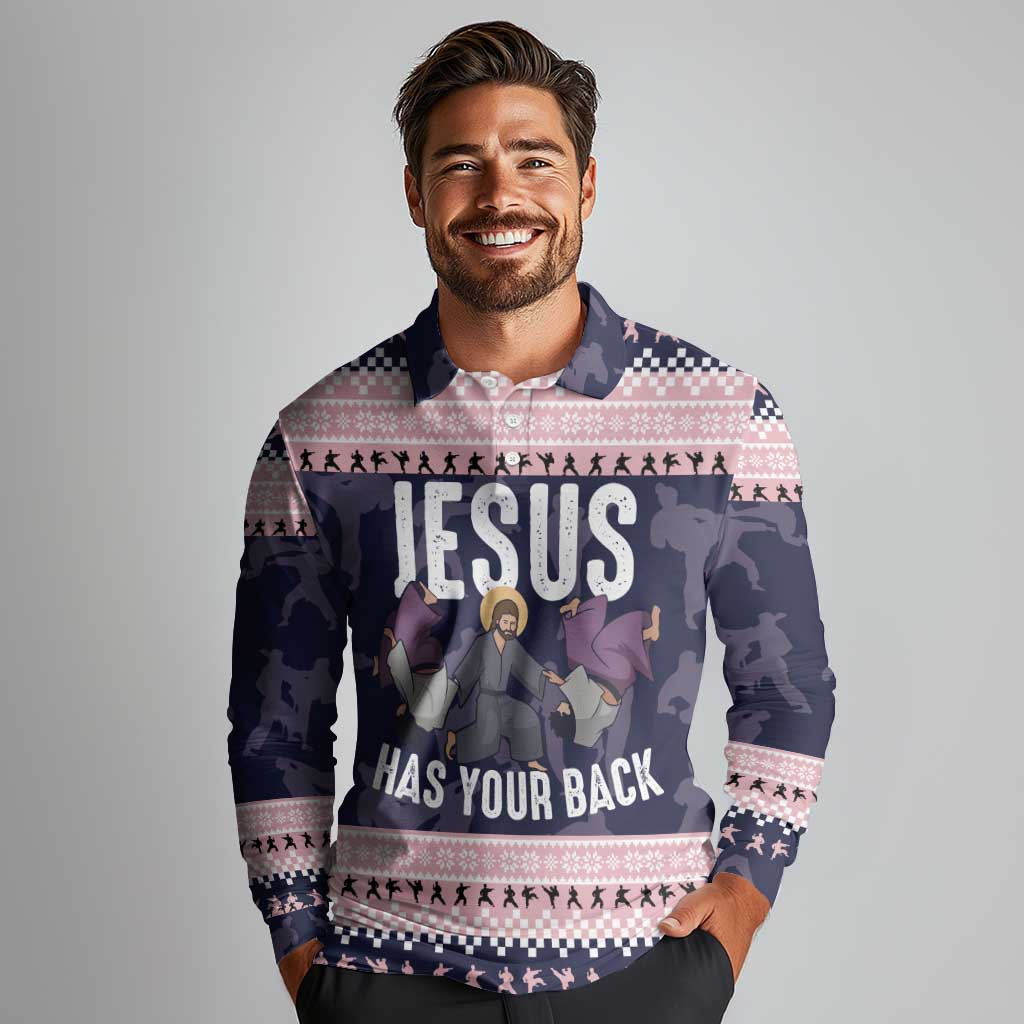 Jesus Has Your Back Jiu Jitsu Christmas Long Sleeve Polo Shirt Funny Xmas Holiday Patterns - Wonder Print Shop
