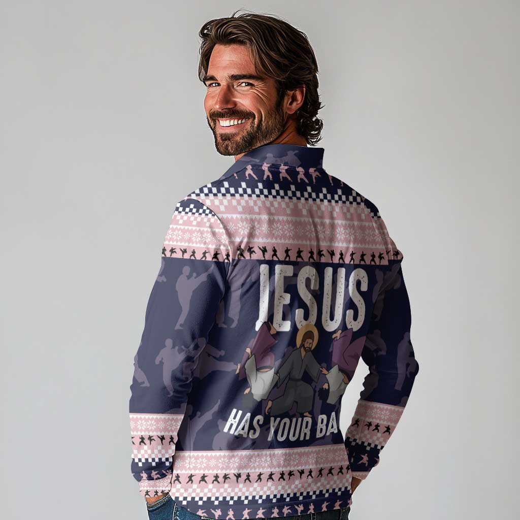 Jesus Has Your Back Jiu Jitsu Christmas Long Sleeve Polo Shirt Funny Xmas Holiday Patterns - Wonder Print Shop