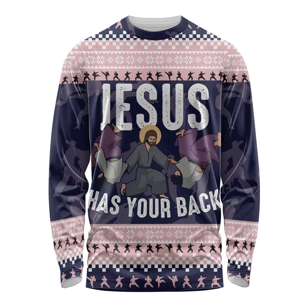 Jesus Has Your Back Jiu Jitsu Christmas Long Sleeve Shirt Funny Xmas Holiday Patterns - Wonder Print Shop