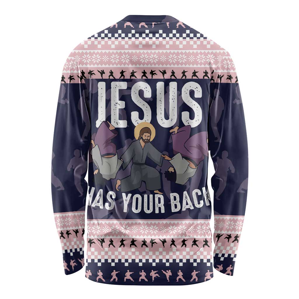 Jesus Has Your Back Jiu Jitsu Christmas Long Sleeve Shirt Funny Xmas Holiday Patterns - Wonder Print Shop