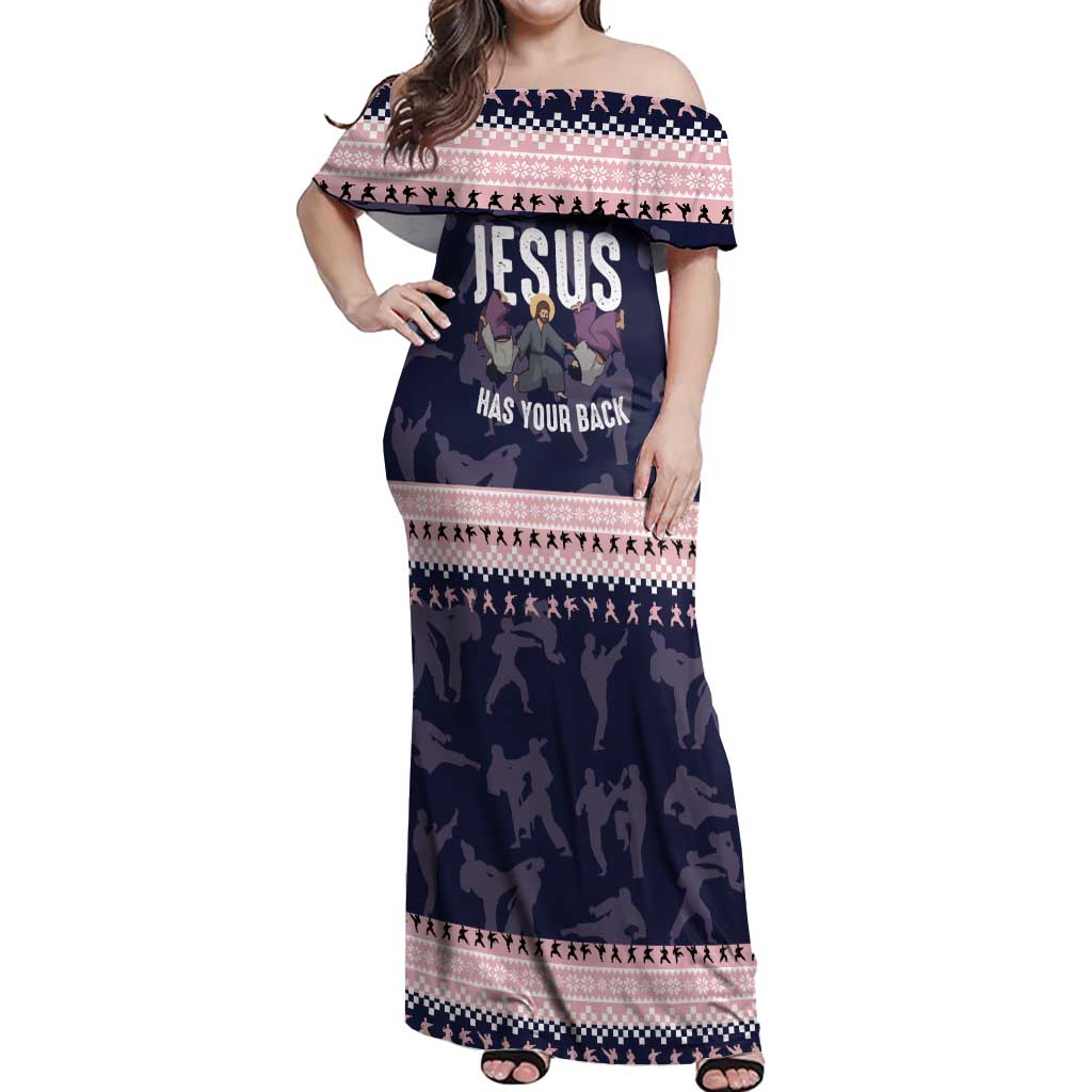 Jesus Has Your Back Jiu Jitsu Christmas Off Shoulder Maxi Dress Funny Xmas Holiday Patterns - Wonder Print Shop