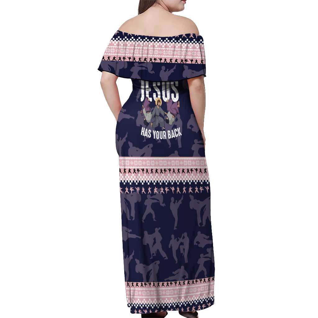 Jesus Has Your Back Jiu Jitsu Christmas Off Shoulder Maxi Dress Funny Xmas Holiday Patterns - Wonder Print Shop