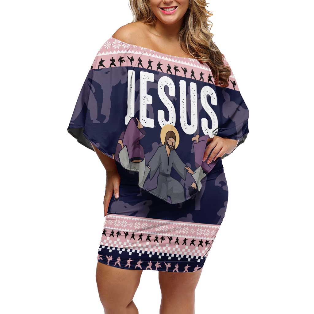 Jesus Has Your Back Jiu Jitsu Christmas Off Shoulder Short Dress Funny Xmas Holiday Patterns - Wonder Print Shop