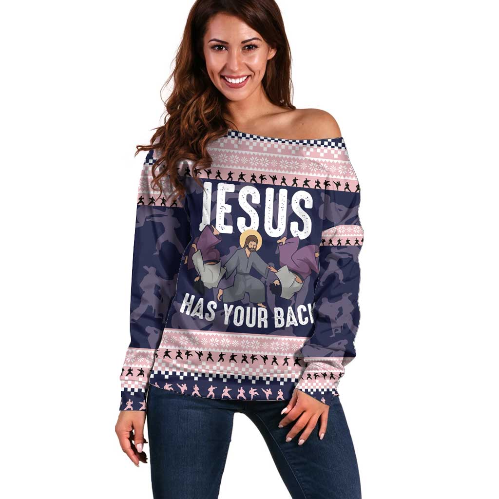 Jesus Has Your Back Jiu Jitsu Christmas Off Shoulder Sweater Funny Xmas Holiday Patterns - Wonder Print Shop