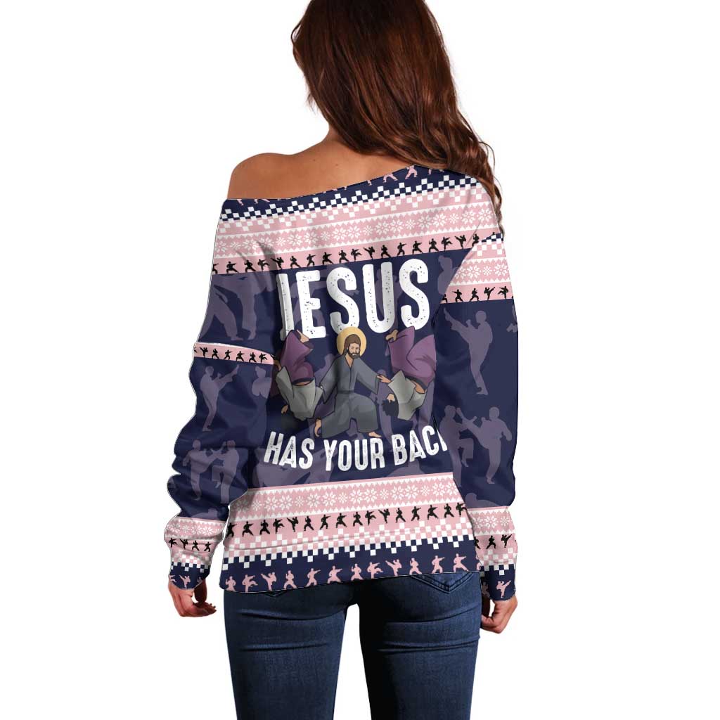 Jesus Has Your Back Jiu Jitsu Christmas Off Shoulder Sweater Funny Xmas Holiday Patterns - Wonder Print Shop