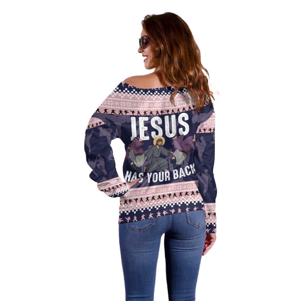 Jesus Has Your Back Jiu Jitsu Christmas Off Shoulder Sweater Funny Xmas Holiday Patterns - Wonder Print Shop