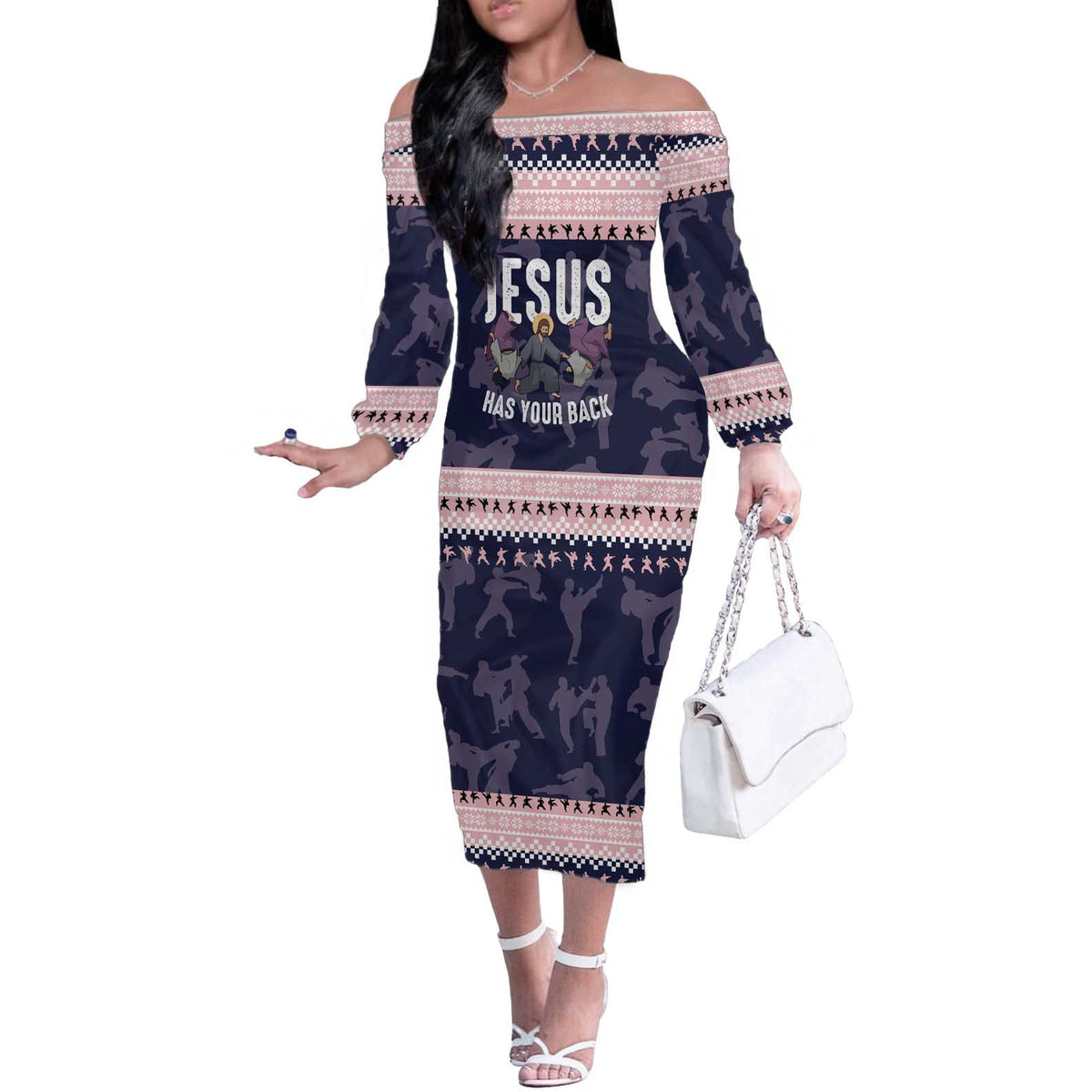 Jesus Has Your Back Jiu Jitsu Christmas Off The Shoulder Long Sleeve Dress Funny Xmas Holiday Patterns - Wonder Print Shop