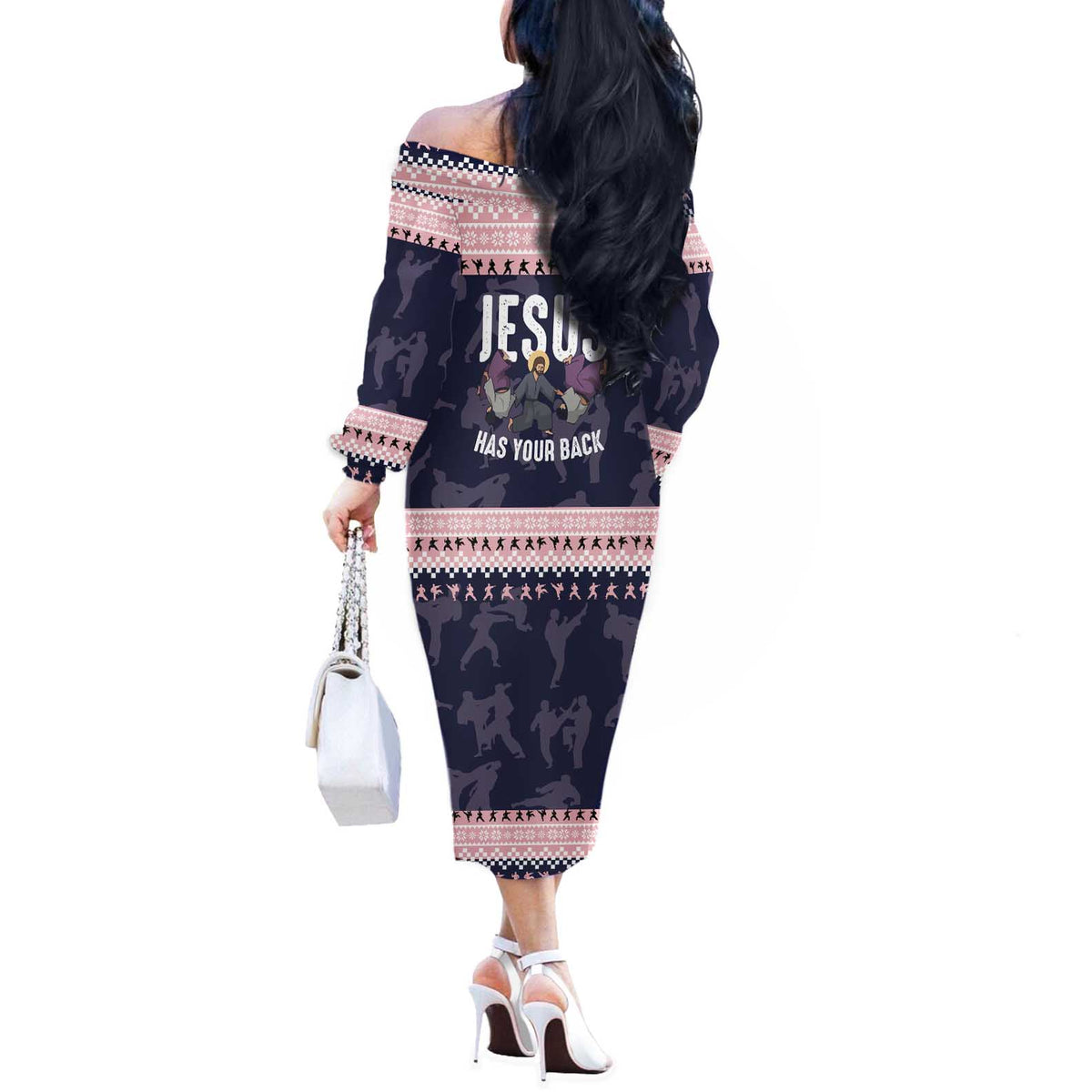 Jesus Has Your Back Jiu Jitsu Christmas Off The Shoulder Long Sleeve Dress Funny Xmas Holiday Patterns - Wonder Print Shop