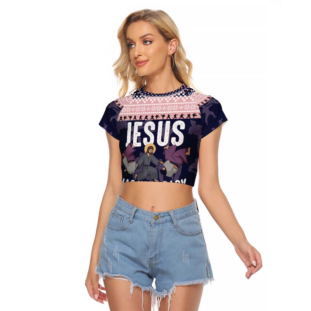 Jesus Has Your Back Jiu Jitsu Christmas Raglan Cropped T Shirt Funny Xmas Holiday Patterns - Wonder Print Shop