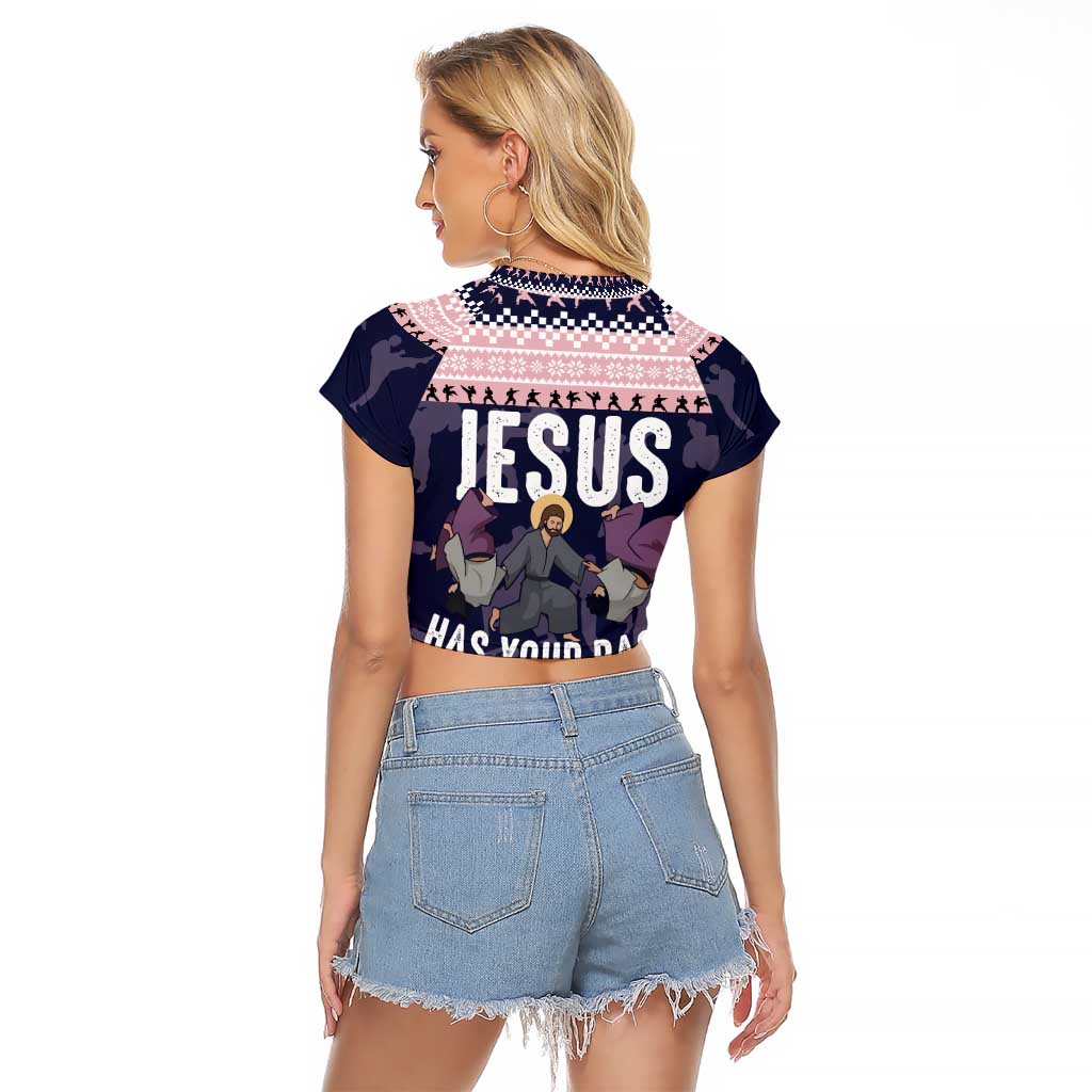 Jesus Has Your Back Jiu Jitsu Christmas Raglan Cropped T Shirt Funny Xmas Holiday Patterns - Wonder Print Shop