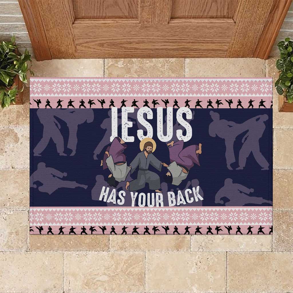 Jesus Has Your Back Jiu Jitsu Christmas Rubber Doormat Funny Xmas Holiday Patterns - Wonder Print Shop