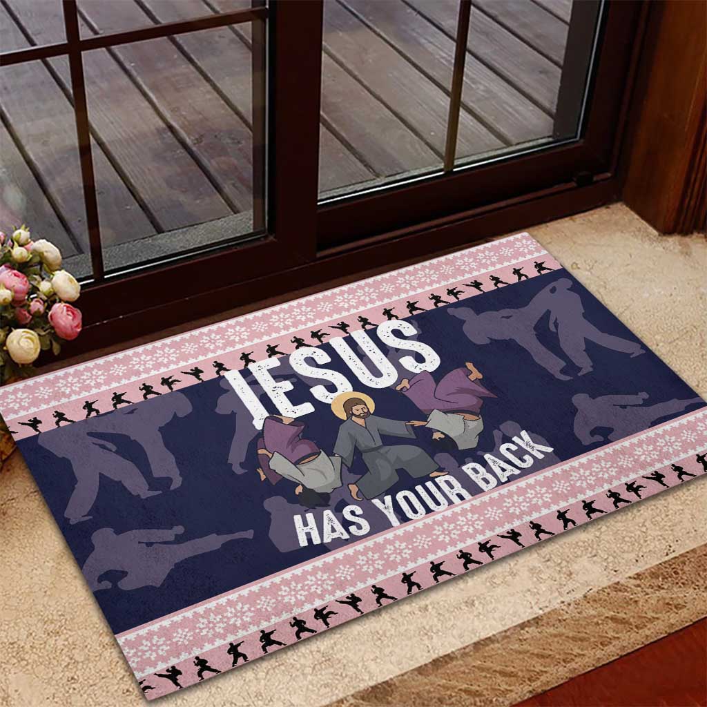 Jesus Has Your Back Jiu Jitsu Christmas Rubber Doormat Funny Xmas Holiday Patterns - Wonder Print Shop