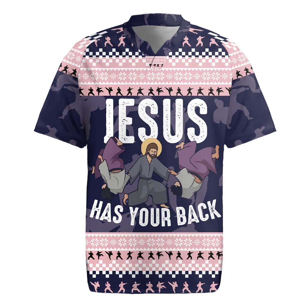 Jesus Has Your Back Jiu Jitsu Christmas Rugby Jersey Funny Xmas Holiday Patterns - Wonder Print Shop
