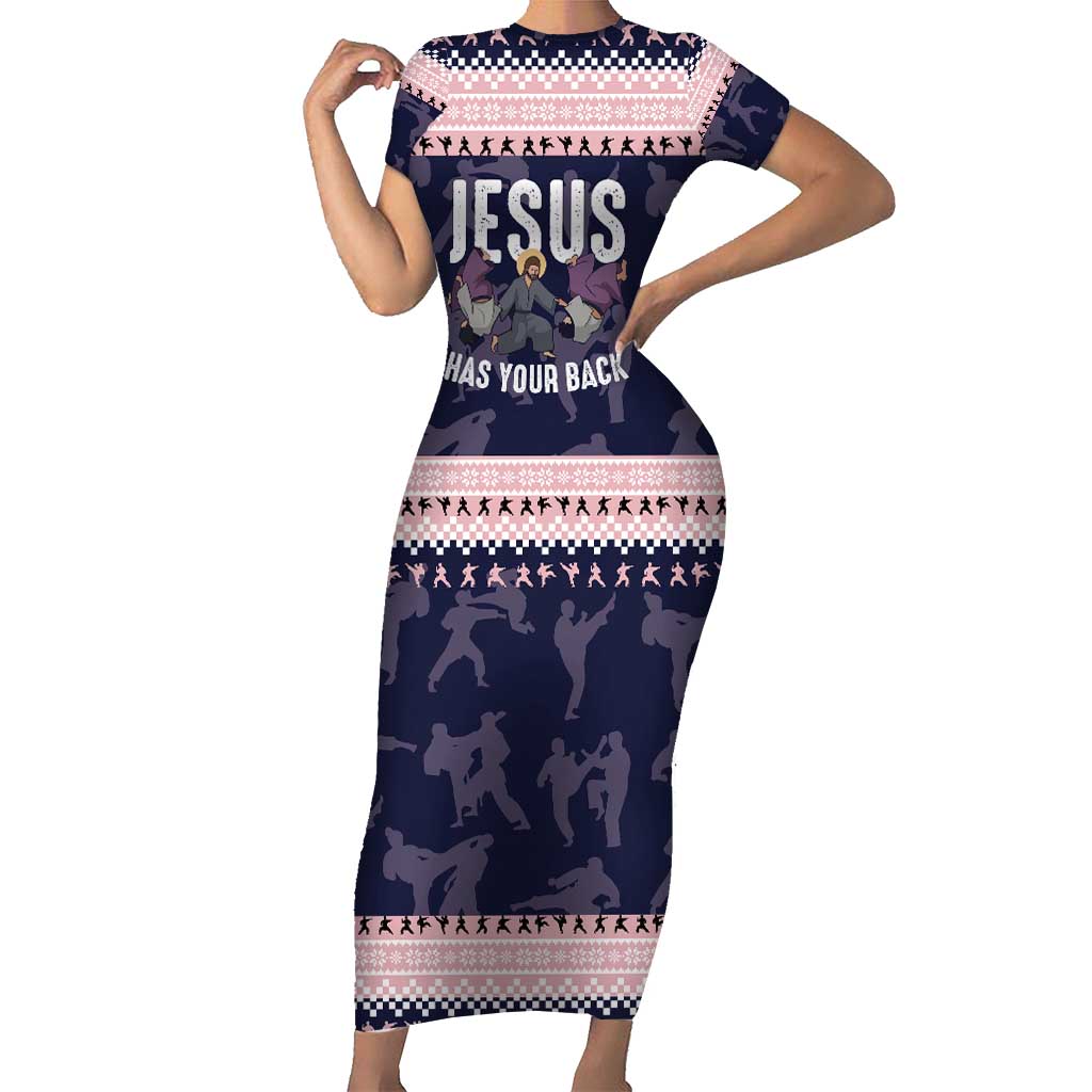Jesus Has Your Back Jiu Jitsu Christmas Short Sleeve Bodycon Dress Funny Xmas Holiday Patterns - Wonder Print Shop