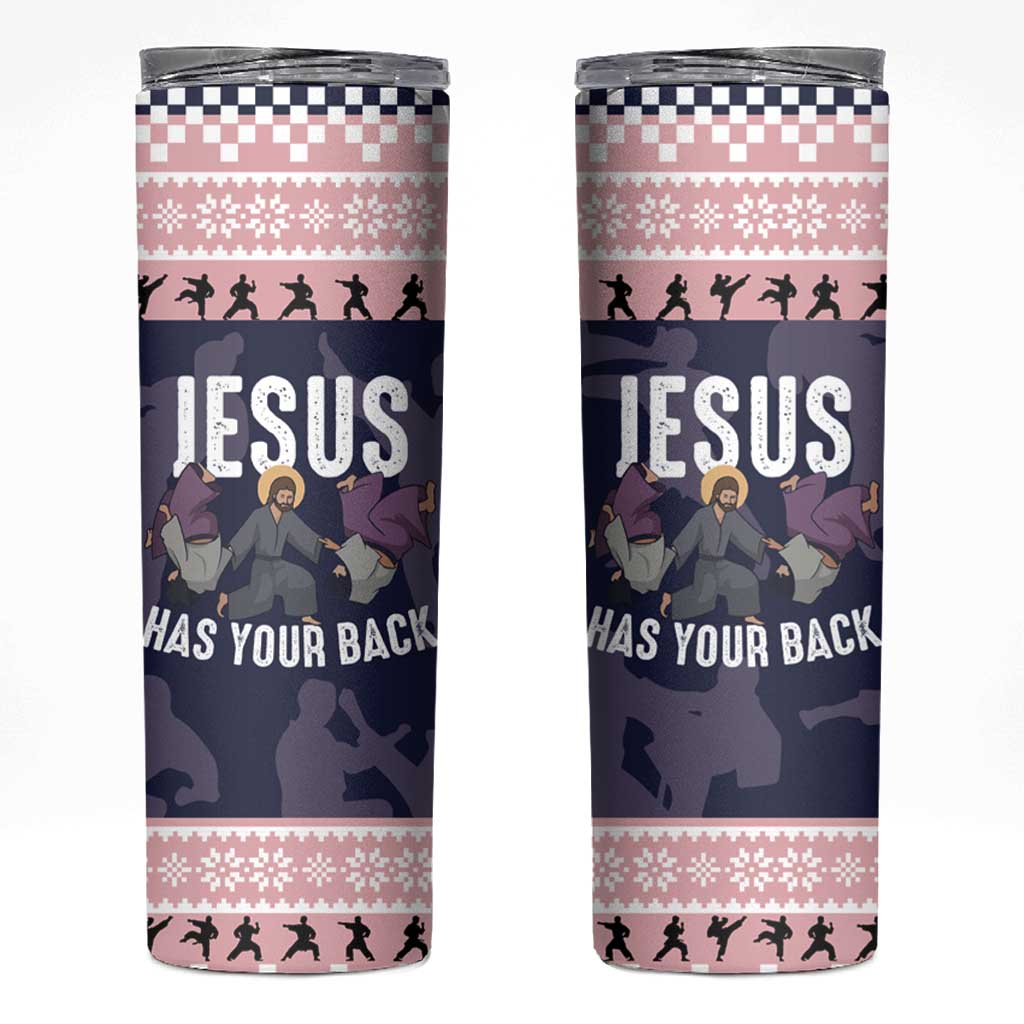 Jesus Has Your Back Jiu Jitsu Christmas Skinny Tumbler Funny Xmas Holiday Patterns - Wonder Print Shop