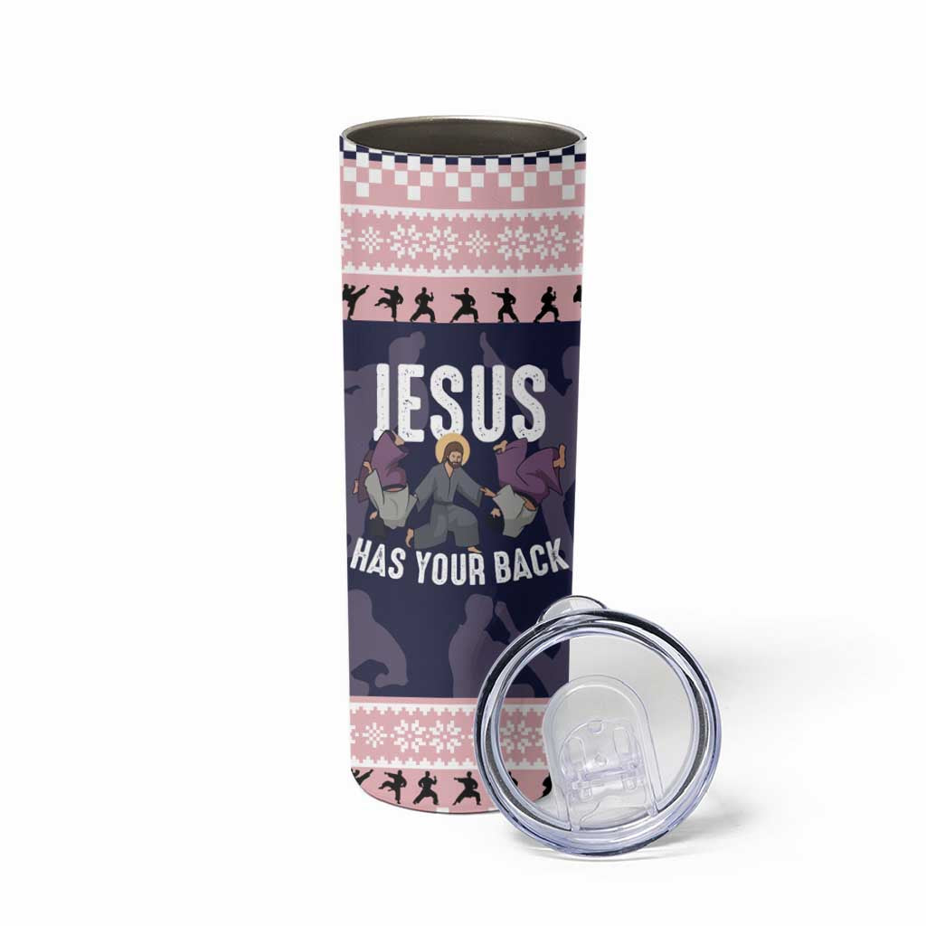 Jesus Has Your Back Jiu Jitsu Christmas Skinny Tumbler Funny Xmas Holiday Patterns - Wonder Print Shop