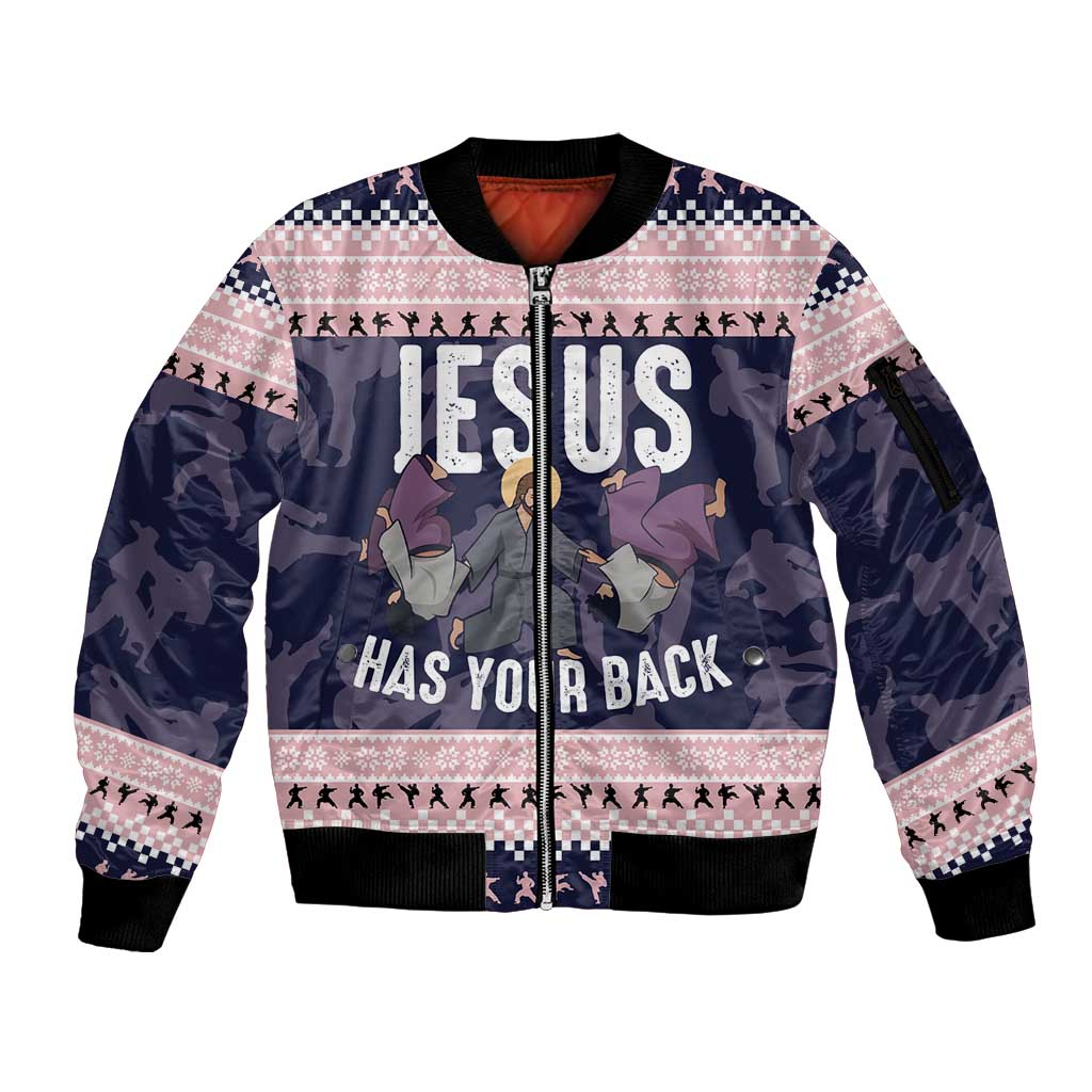 Jesus Has Your Back Jiu Jitsu Christmas Sleeve Zip Bomber Jacket Funny Xmas Holiday Patterns - Wonder Print Shop